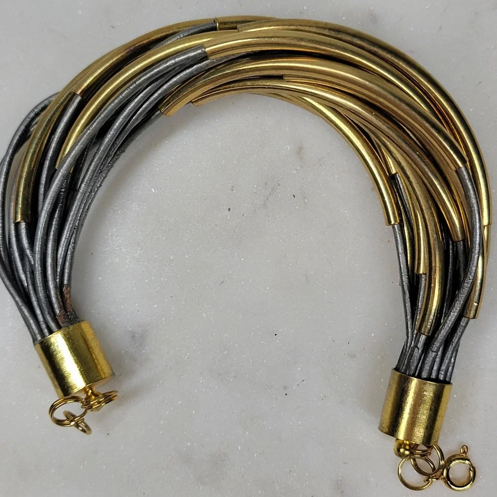 Vintage Multi Strand Leather Band Tube Bracelet Gold Copper Statement 80's